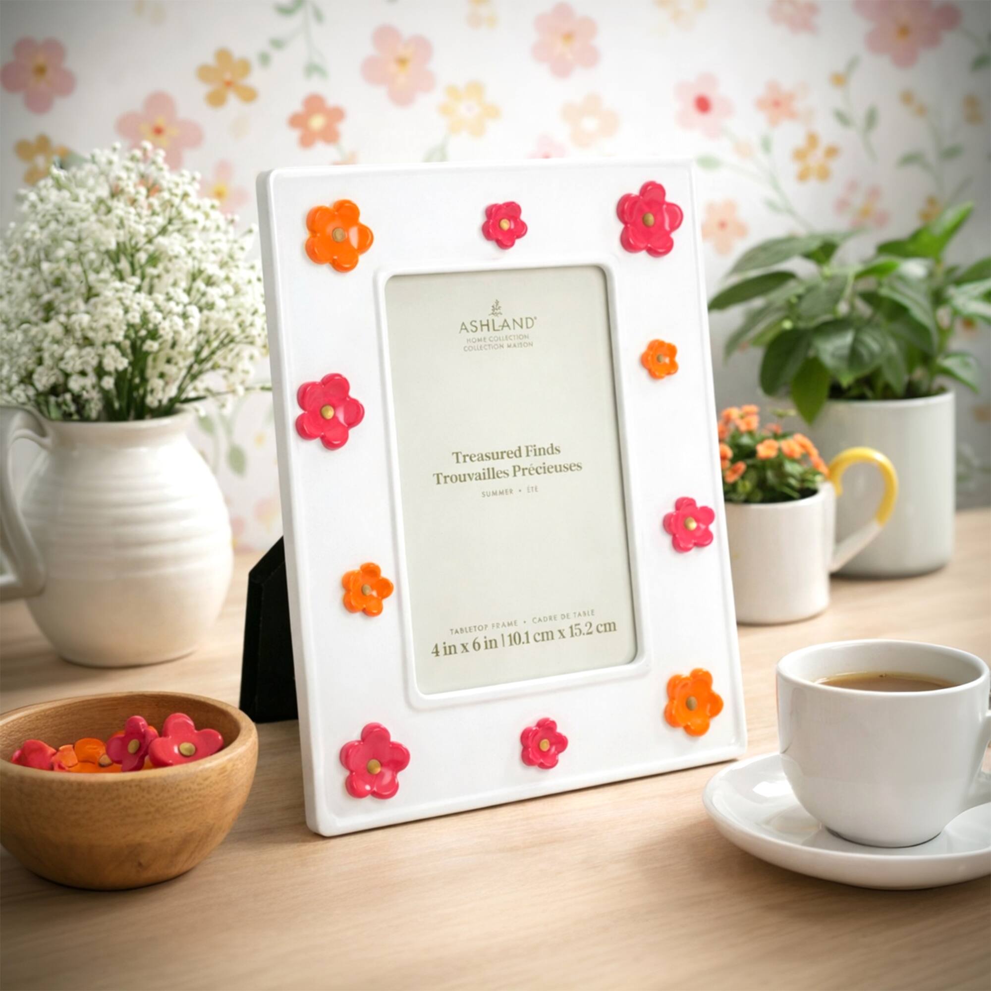 4" x 6" White with Pink & Orange Flowers Tabletop Frame, Treasured Finds by Ashland®